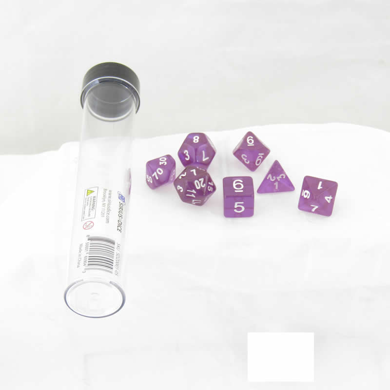 SDZ000105 Purple Translucent Resin Dice with White Numbers 16mm (5/8 inch) 7 Dice Set (ONLINE ORDER ONLY)