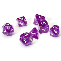 SDZ000105 Purple Translucent Resin Dice with White Numbers 16mm (5/8 inch) 7 Dice Set (ONLINE ORDER ONLY)