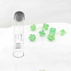 SDZ000106 Green Translucent Resin Dice with White Numbers 16mm (5/8 inch) 7 Dice Set (ONLINE ORDER ONLY)