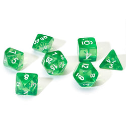 SDZ000106 Green Translucent Resin Dice with White Numbers 16mm (5/8 inch) 7 Dice Set (ONLINE ORDER ONLY)