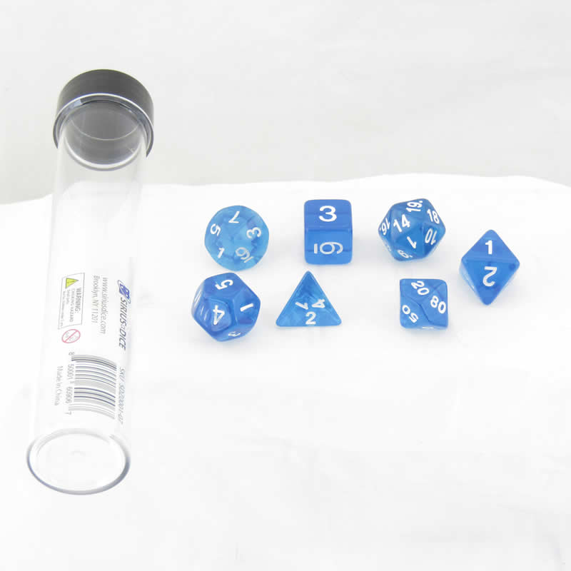 SDZ000107 Blue Translucent Resin Dice with White Numbers 16mm (5/8 inch) 7 Dice Set (ONLINE ORDER ONLY)