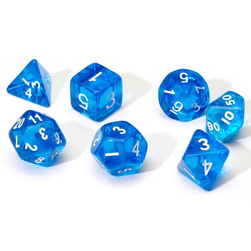 SDZ000107 Blue Translucent Resin Dice with White Numbers 16mm (5/8 inch) 7 Dice Set (ONLINE ORDER ONLY)