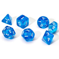 SDZ000107 Blue Translucent Resin Dice with White Numbers 16mm (5/8 inch) 7 Dice Set (ONLINE ORDER ONLY)