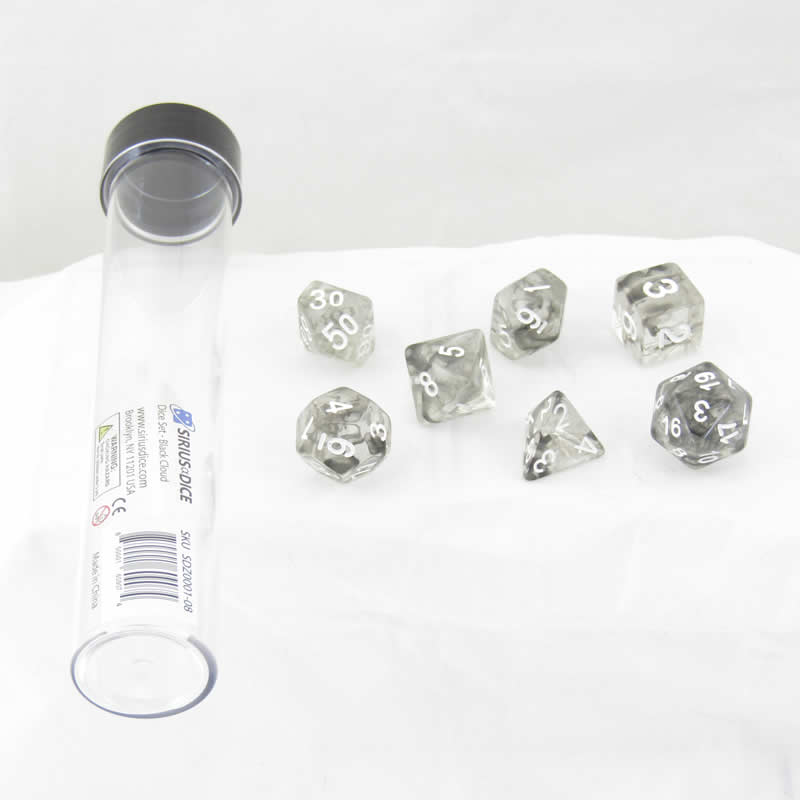 SDZ000108 Cloud Black Translucent Acrylic Dice with White Numbers 16mm (5/8 inch) 7 Dice Set (ONLINE ORDER ONLY)