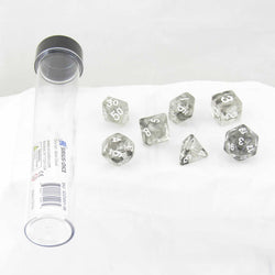 SDZ000108 Cloud Black Translucent Acrylic Dice with White Numbers 16mm (5/8 inch) 7 Dice Set (ONLINE ORDER ONLY)