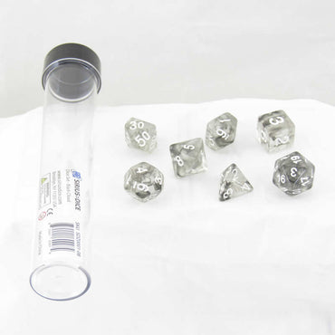 SDZ000108 Cloud Black Translucent Acrylic Dice with White Numbers 16mm (5/8 inch) 7 Dice Set (ONLINE ORDER ONLY)