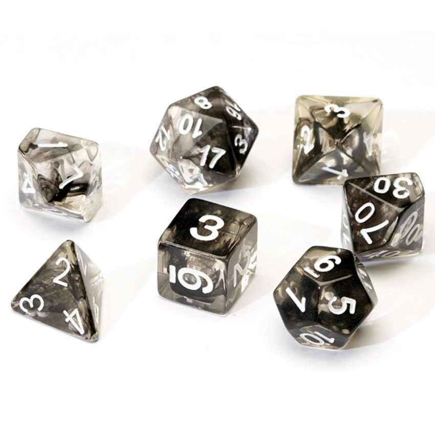 SDZ000108 Cloud Black Translucent Acrylic Dice with White Numbers 16mm (5/8 inch) 7 Dice Set (ONLINE ORDER ONLY)