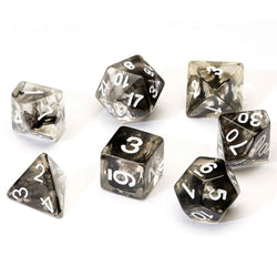 SDZ000108 Cloud Black Translucent Acrylic Dice with White Numbers 16mm (5/8 inch) 7 Dice Set (ONLINE ORDER ONLY)