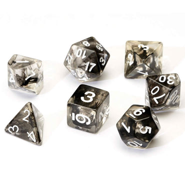 SDZ000108 Cloud Black Translucent Acrylic Dice with White Numbers 16mm (5/8 inch) 7 Dice Set (ONLINE ORDER ONLY)