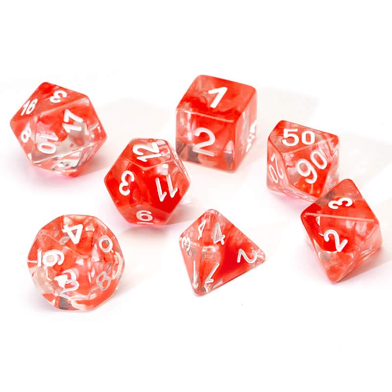 SDZ000109 Cloud Red Translucent Acrylic Dice White Numbers 16mm (5/8 inch) 7 Dice Set Sirius Dice (ONLINE ORDER ONLY)