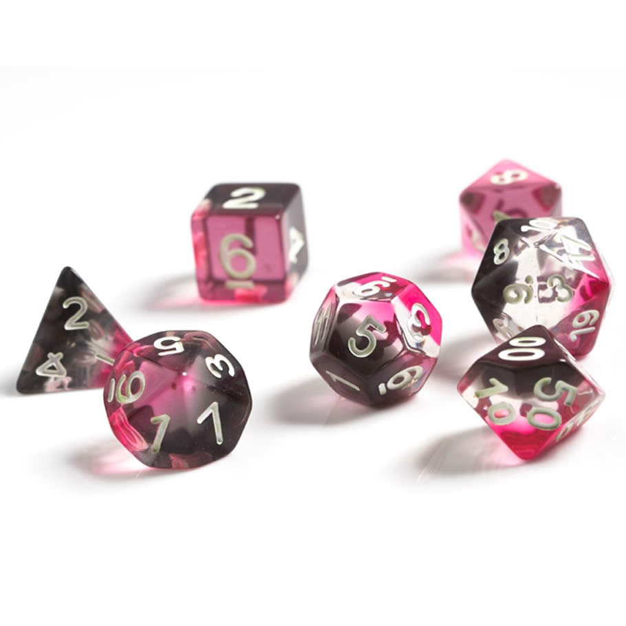 SDZ000201 Pink Clear Black Layered Resin Dice White Numbers 16mm (5/8 inch) 7 Dice Set (ONLINE ORDER ONLY)