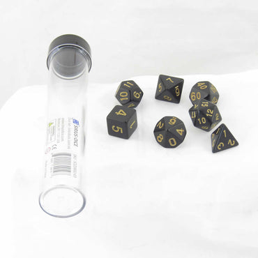 SDZ000203 Soild Black Resin Dice Gold Numbers 16mm (5/8 inch) 7 Dice Set (ONLINE ORDER ONLY)