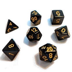 SDZ000203 Soild Black Resin Dice Gold Numbers 16mm (5/8 inch) 7 Dice Set (ONLINE ORDER ONLY)