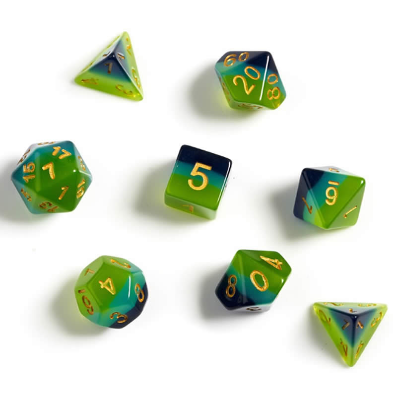 SDZ000205 Green Blue Semi Translucent Resin Dice Gold Numbers 16mm (5/8 inch) 7 Dice Set (ONLINE ORDER ONLY)