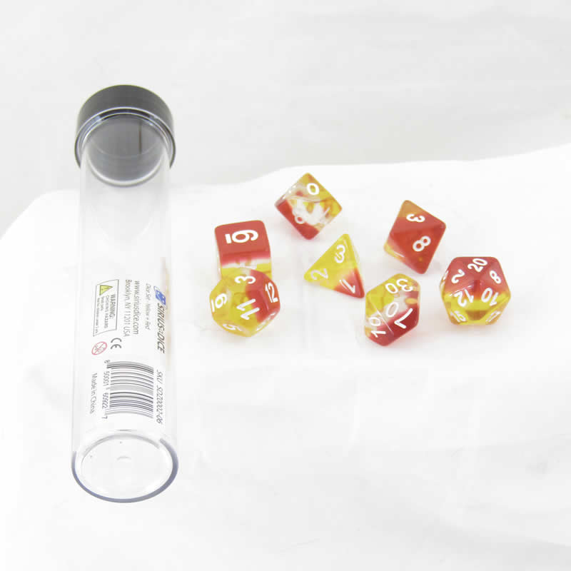 SDZ000206 Yellow Red Semi Translucent Resin Dice White Numbers 16mm (5/8 inch) 7 Dice Set (ONLINE ORDER ONLY)