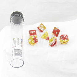 SDZ000206 Yellow Red Semi Translucent Resin Dice White Numbers 16mm (5/8 inch) 7 Dice Set (ONLINE ORDER ONLY)