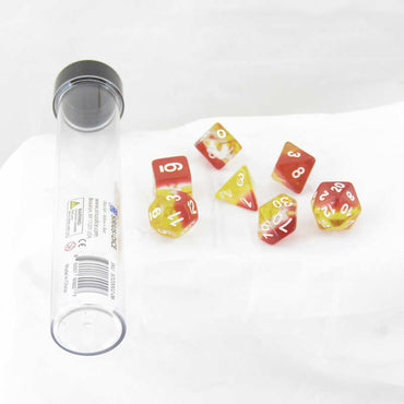 SDZ000206 Yellow Red Semi Translucent Resin Dice White Numbers 16mm (5/8 inch) 7 Dice Set (ONLINE ORDER ONLY)
