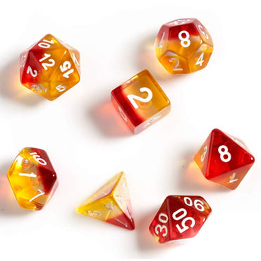 SDZ000206 Yellow Red Semi Translucent Resin Dice White Numbers 16mm (5/8 inch) 7 Dice Set (ONLINE ORDER ONLY)