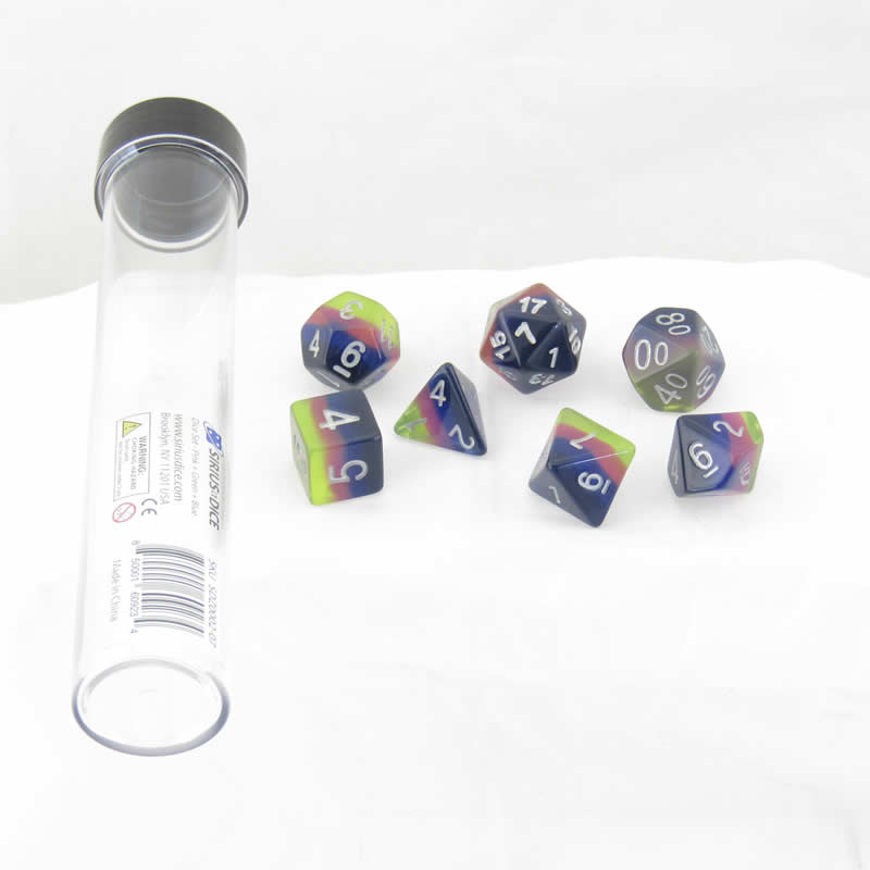 SDZ000207 Pink Green Blue Semi Translucent Resin Dice White Numbers 16mm (5/8 inch) 7 Dice Set (ONLINE ORDER ONLY)