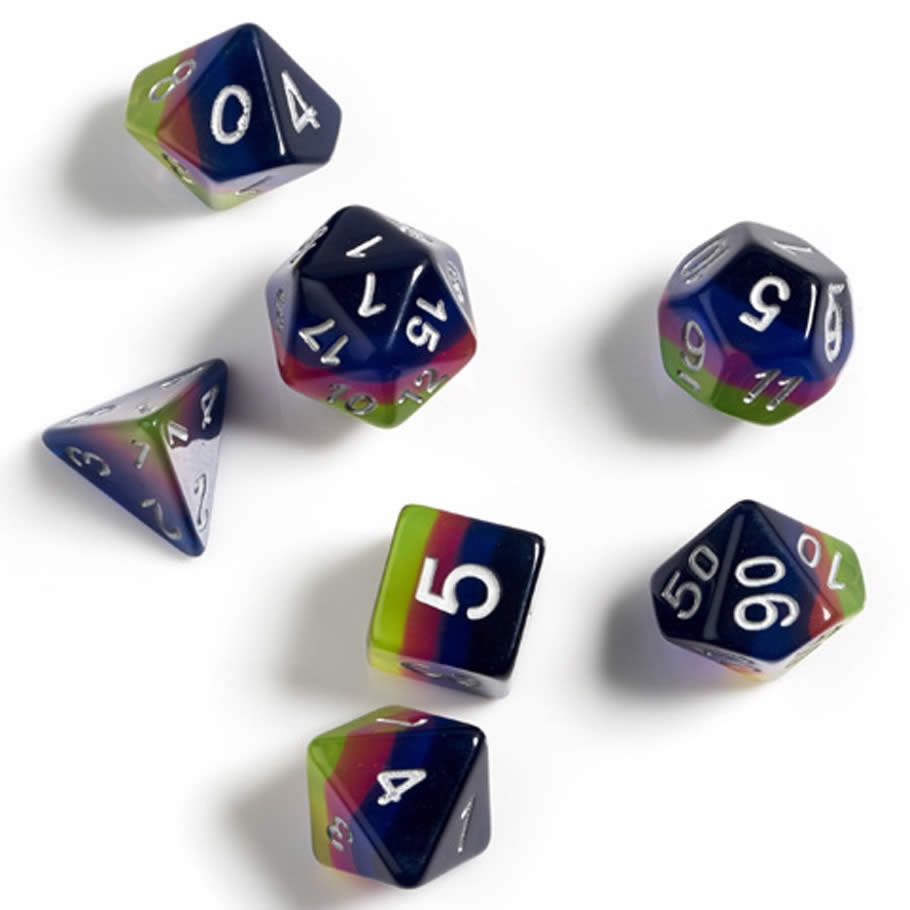 SDZ000207 Pink Green Blue Semi Translucent Resin Dice White Numbers 16mm (5/8 inch) 7 Dice Set (ONLINE ORDER ONLY)