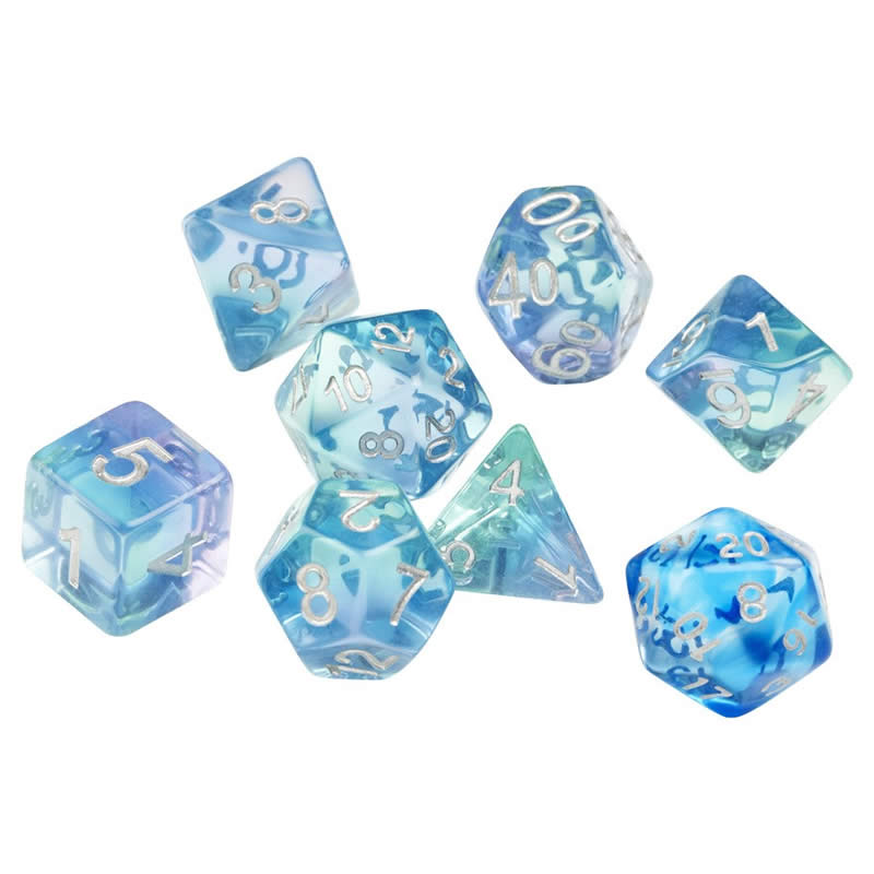 SDZ000402 Emerald Waters Resin Dice Silver Numbers 16mm (5/8 inch) 7 Dice Set (ONLINE ORDER ONLY)