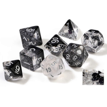 SDZ000502 Black Clear Spades Resin Dice Silver Numbers 16mm (5/8 inch) 7 Dice Set (ONLINE ORDER ONLY)