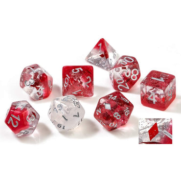 SDZ000503 Red Clear Diamonds Resin Dice Silver Numbers 16mm (5/8 inch) 7 Dice Set (ONLINE ORDER ONLY)