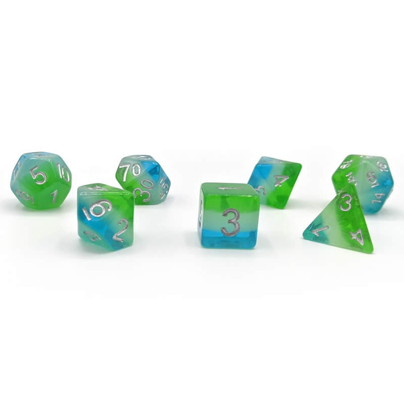SDZ000508 Blue Hawaiian Resin Dice with Silver Numbers 16mm (5/8 inch) 7 Dice Set (ONLINE ORDER ONLY)