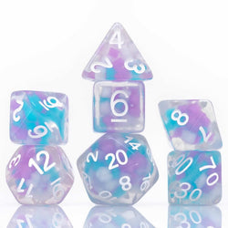 SDZ000604 Cotton Candy Glowworm Resin Dice with White Numbers 16mm (5/8 inch) 7 Dice Set (ONLINE ORDER ONLY)