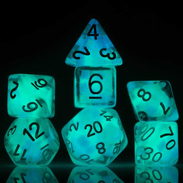 SDZ000604 Cotton Candy Glowworm Resin Dice with White Numbers 16mm (5/8 inch) 7 Dice Set (ONLINE ORDER ONLY)