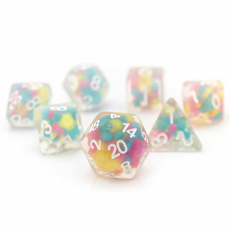 SDZ000605 Lucky Charm Glowworm Resin Dice with White Numbers 16mm (5/8 inch) 7 Dice Set (ONLINE ORDER ONLY)