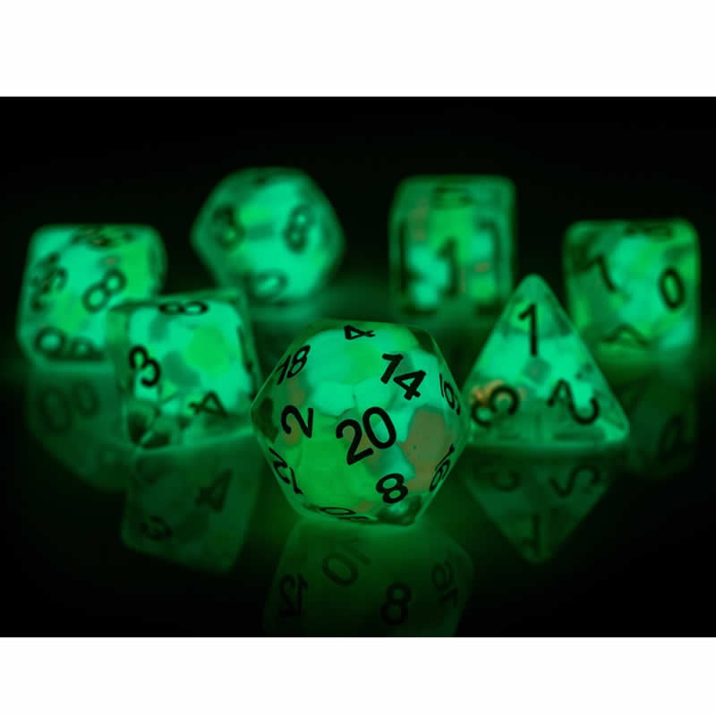 SDZ000605 Lucky Charm Glowworm Resin Dice with White Numbers 16mm (5/8 inch) 7 Dice Set (ONLINE ORDER ONLY)