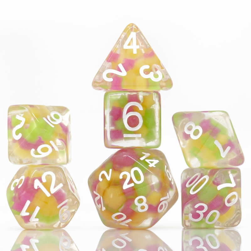 SDZ000606 Melon Ball Glowworm Resin Dice with White Numbers 16mm (5/8 inch) 7 Dice Set (ONLINE ORDER ONLY)
