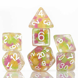 SDZ000606 Melon Ball Glowworm Resin Dice with White Numbers 16mm (5/8 inch) 7 Dice Set (ONLINE ORDER ONLY)