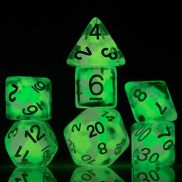 SDZ000606 Melon Ball Glowworm Resin Dice with White Numbers 16mm (5/8 inch) 7 Dice Set (ONLINE ORDER ONLY)