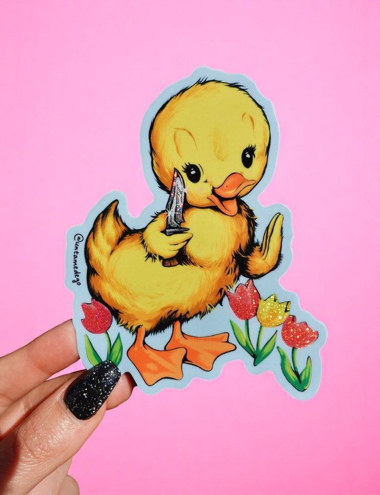 Funny Vinyl Sticker – Cute Duck with Knife – Waterproof Dark Humor Decal (Online Order Only)