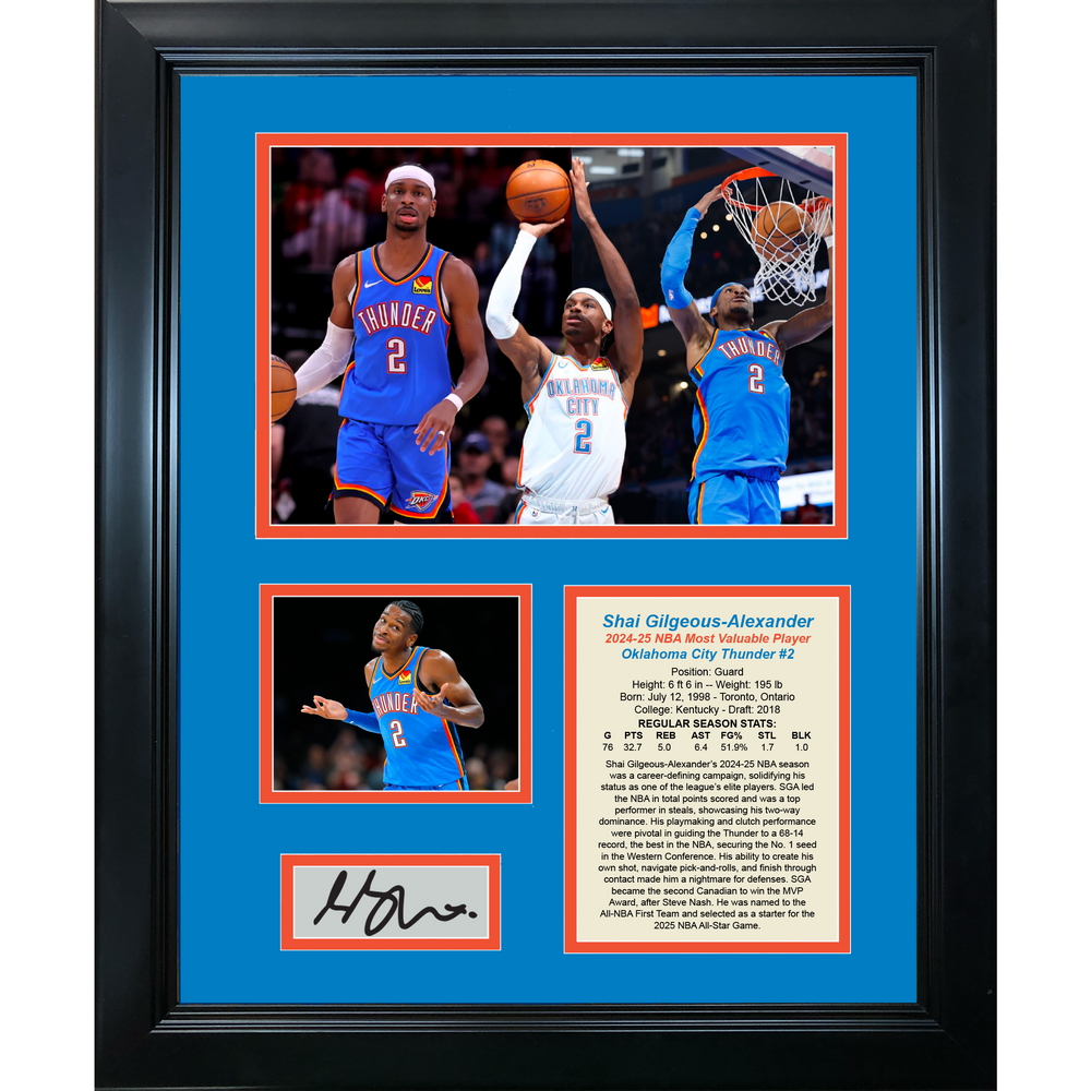 Framed Shai Gilgeous-Alexander SGA 2024-2025 NBA MVP Most Valuable Player Facsimile Laser Engraved Signature Auto Oklahoma City Thunder Basketball 11"x14" Photo Sig Collage (ONLINE ORDER ONLY)