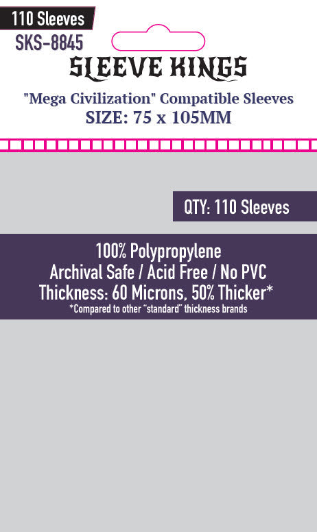 "Mega Civilization" Compatible Sleeves (75x105mm)  110 pack, 60 Micron, SKS-8845 (ONLINE ORDER ONLY)