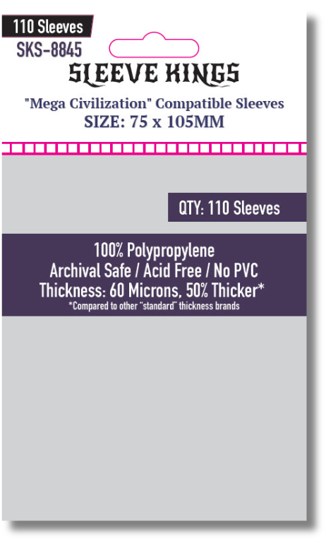 "Mega Civilization" Compatible Sleeves (75x105mm)  110 pack, 60 Micron, SKS-8845 (ONLINE ORDER ONLY)