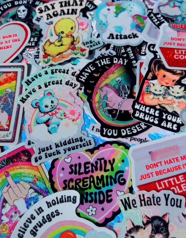 Mystery Unhinged Cute Sticker Pack – Funny Glitter Aesthetic Vinyl Stickers with Sass and Chaos for Laptops, and Water Bottles (Online Order Only)