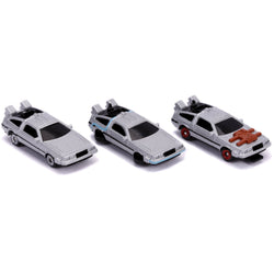 Back to the Future Trilogy die-cast 1⅔-inch Nano "Hollywood Rides" DeLorean Time Machine 3-pack (ONLINE ORDER ONLY)