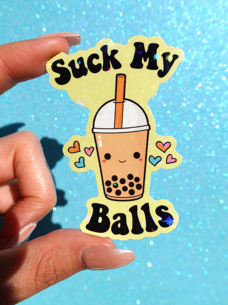 Suck My Balls Sticker – Funny Boba Tea Holographic Vinyl Sticker (ONLINE ORDER ONLY)