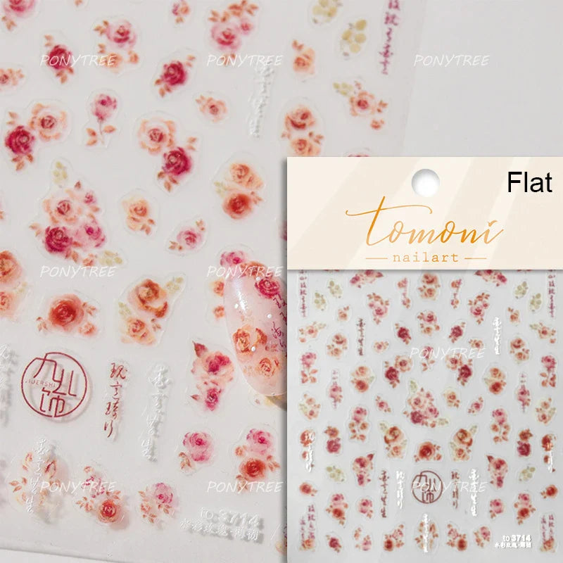 Retro Chinese Characters Charming Rich Peony Delicate Rose Flowers Soft Relief Adhesive Nail Art Stickers Chic Manicure Decals (ONLINE ORDER ONLY)