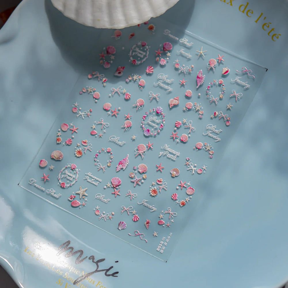 Pink Star Oceanic Shell Starfish Conch Bowknot Embossment Shiny Delicate 5D Chic Self Adhesive Nail Art Stickers Manicure Decals (Online Order Only)