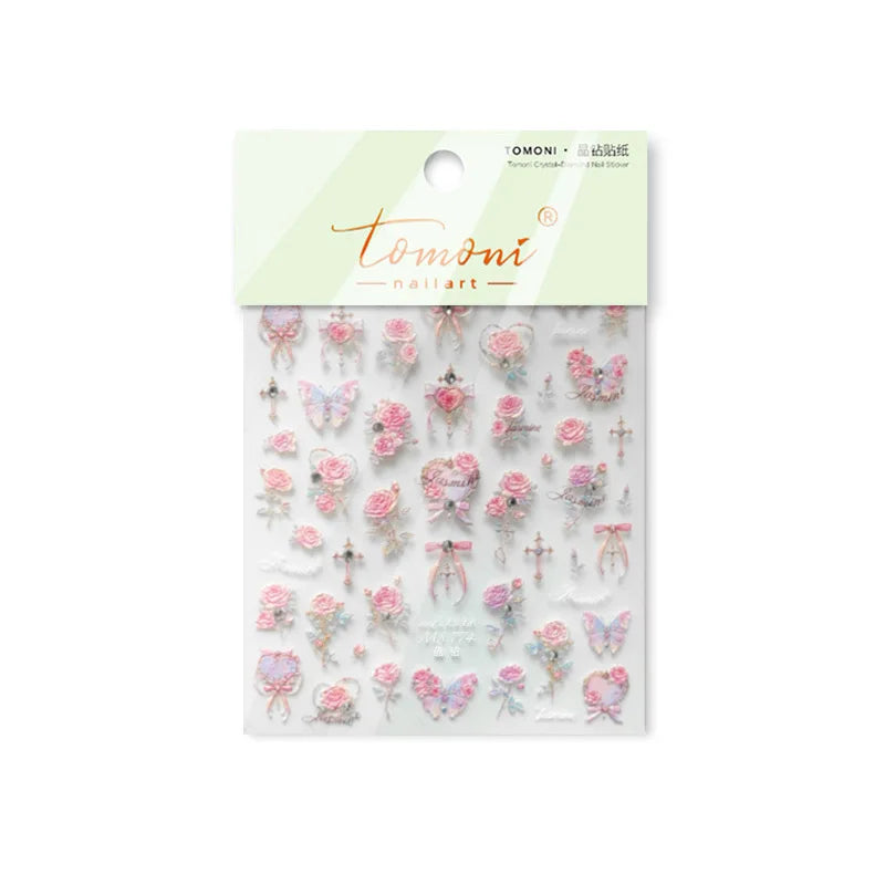 Pink Rose Flower Rambler Heart Bowknot Butterfly Shiny Soft Relief Adhesive Nail Art Stickers Romantic Spring 3D Manicure Decals (ONLINE ORDER ONLY)