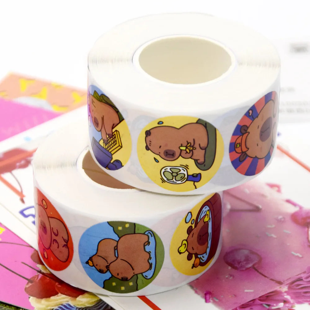 500Pcs Funny Cartoon Cute Capybara Varied Stickers Roll for Kids Phone Helmet Laptop Computer Decor Sealing Label Graffiti Decal (Online Order Only)