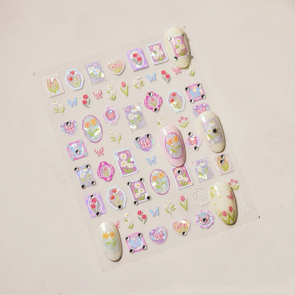 Retro Tulip Flowers Daisy Photo Frame Geometric Border Bowknot Butterfly Soft Relief Adhesive Nail Art Stickers Manicure Decals (ONLINE ORDER ONLY)