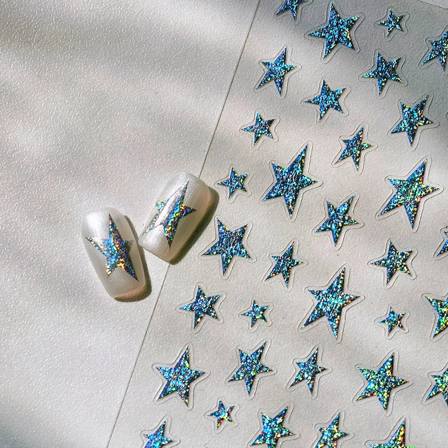 Sparkle Laser Silver Starburst Five-pointed Star Geometric Tiny Spot Romantic 5D Self Adhesive Nail Art Stickers Manicure Decals (ONLINE ORDER ONLY)