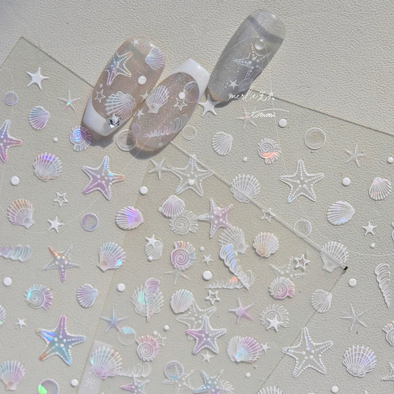 Summer Beach Ocean Shell Starfish Clams Conch Stars Sea Bubble Seasnail Soft Relief Decoration Nail Art Stickers Manicure Decals (ONLINE ORDER ONLY)