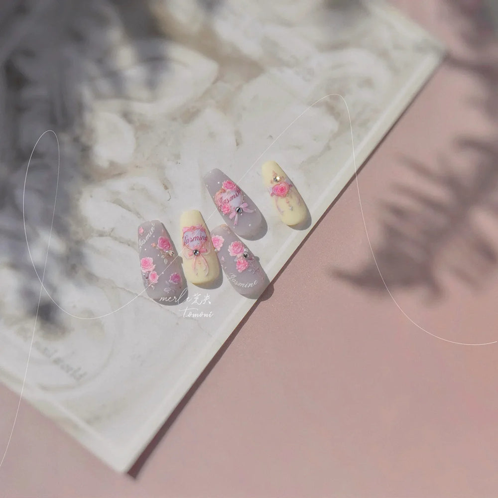 Pink Rose Flower Rambler Heart Bowknot Butterfly Shiny Soft Relief Adhesive Nail Art Stickers Romantic Spring 3D Manicure Decals (ONLINE ORDER ONLY)